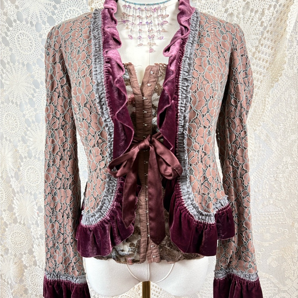 Free People Lace and Velvet Trim Blazer in Purple and Brown